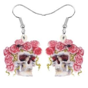 Floral Skull Earring Dia de los Muertos Halloween Pink Lightweight